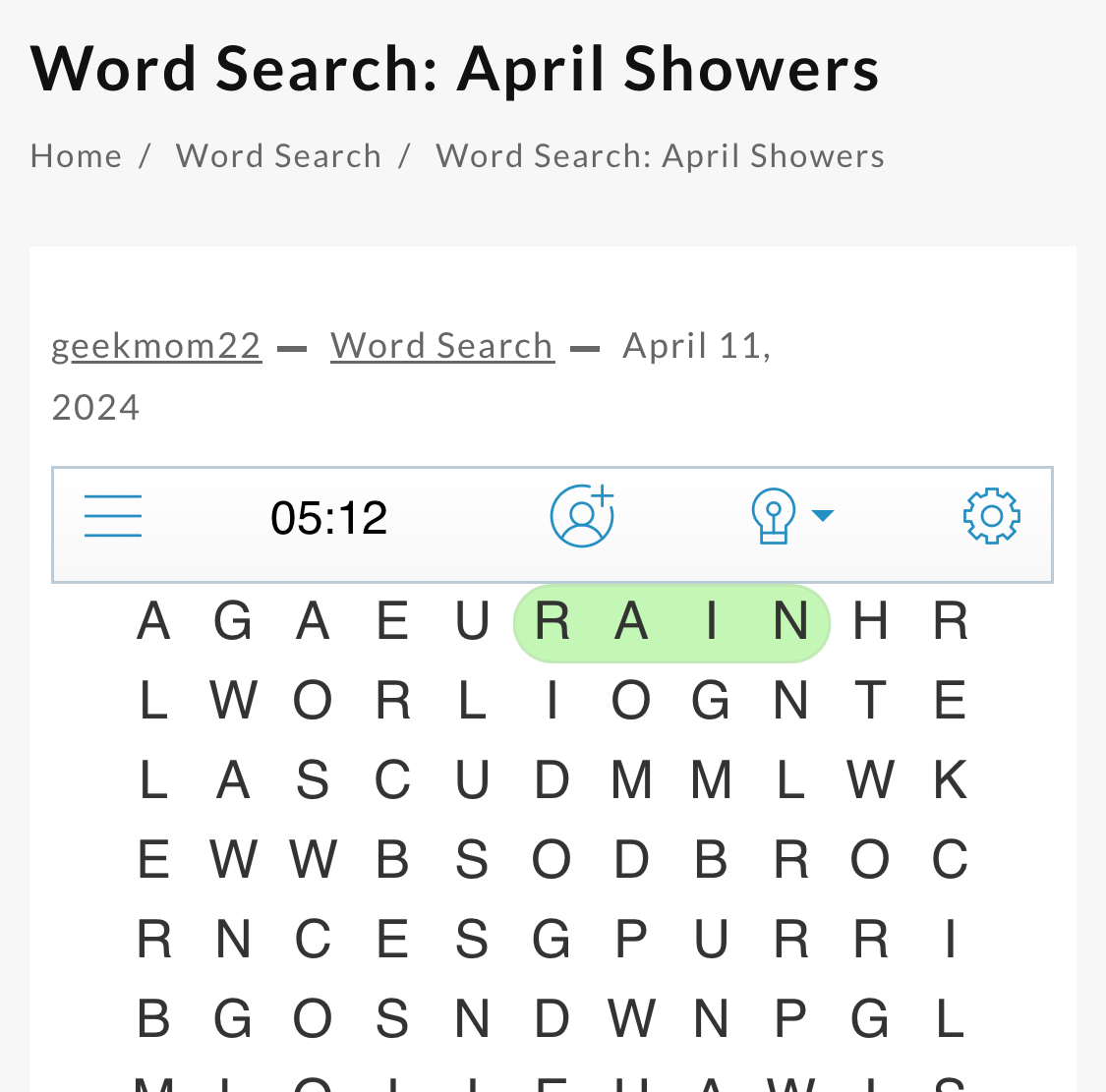 April Showers Word Search Game Piece